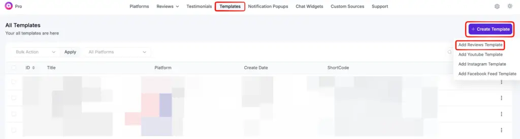 WP Social Ninja dashboard showing the template creation section for embedded Yelp reviews
