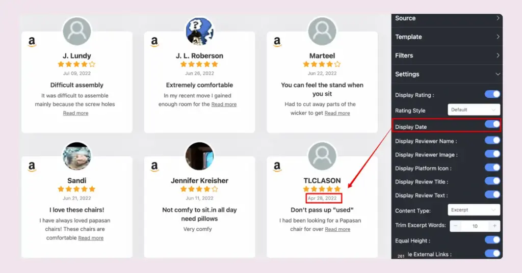 Display date option of WP Social Ninja for your embedded Amazon reviews