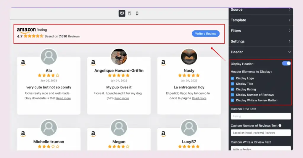 Display header option of WP Social Ninja for your embedded Amazon reviews