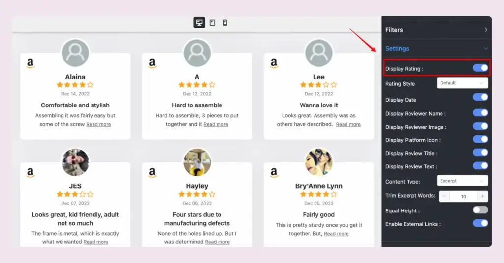 Display rating option of WP Social Ninja for your embedded Amazon reviews