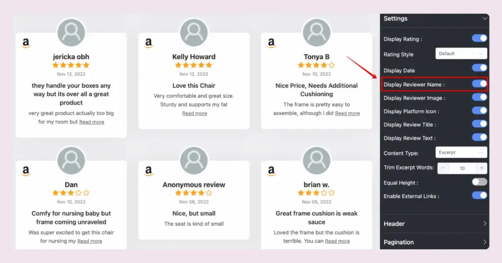 Display reviewer name option of WP Social Ninja for your embedded Amazon reviews