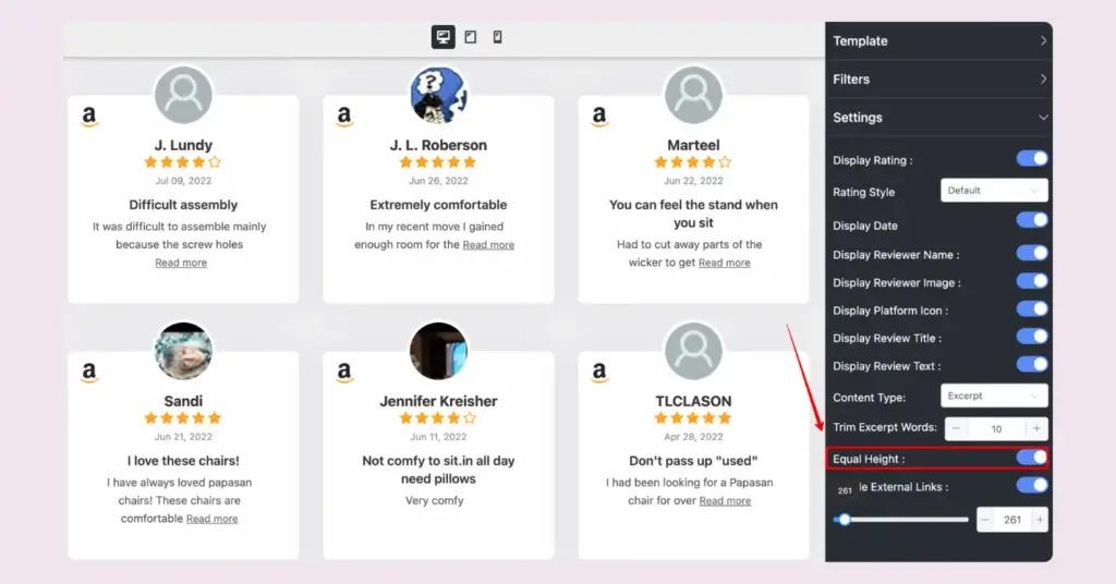 Equal height option of WP Social Ninja for your embedded Amazon reviews