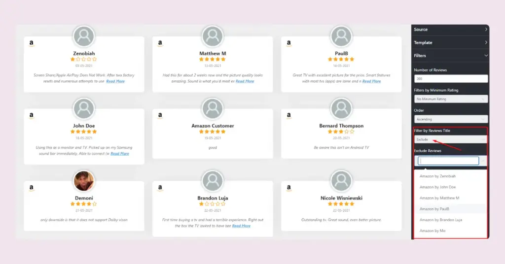 Exclude reviews option of WP Social Ninja for your embedded Amazon reviews