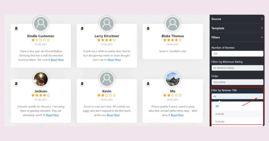 Filter by reviews title option of WP Social Ninja for your embedded Amazon reviews