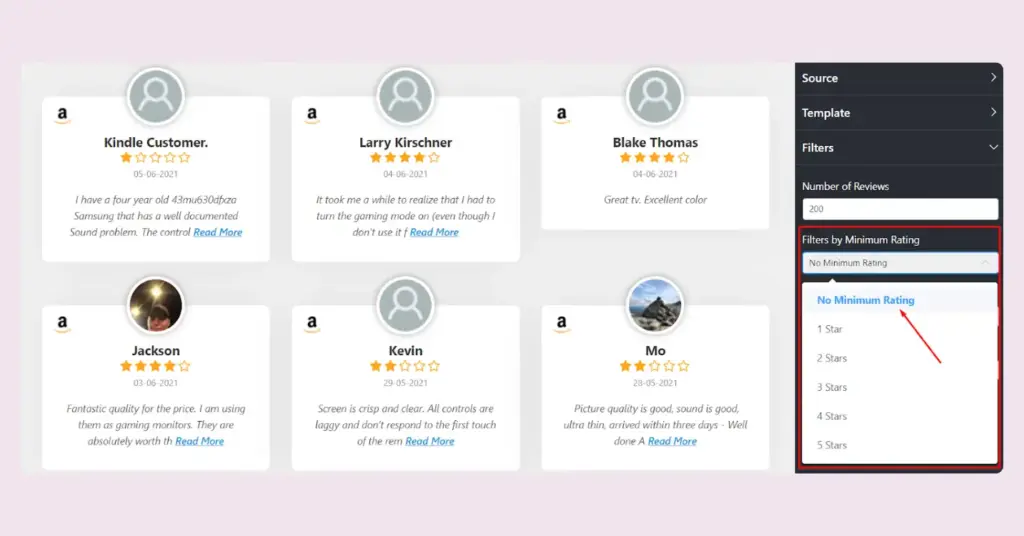 Filters by minimum rating option of WP Social Ninja for your embedded Amazon reviews