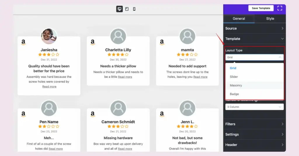 Layout type of WP Social Ninja for your embedded Amazon reviews