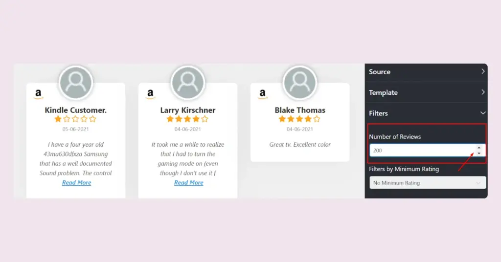 Number of reviews option of WP Social Ninja for your embedded Amazon reviews