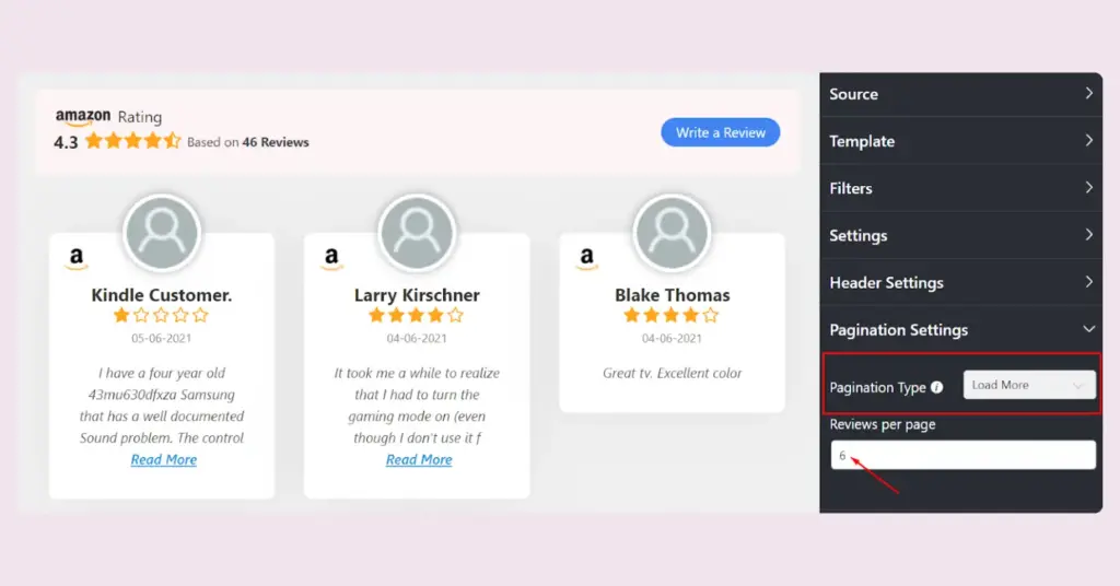 Pagination types of WP Social Ninja for your embedded Amazon reviews