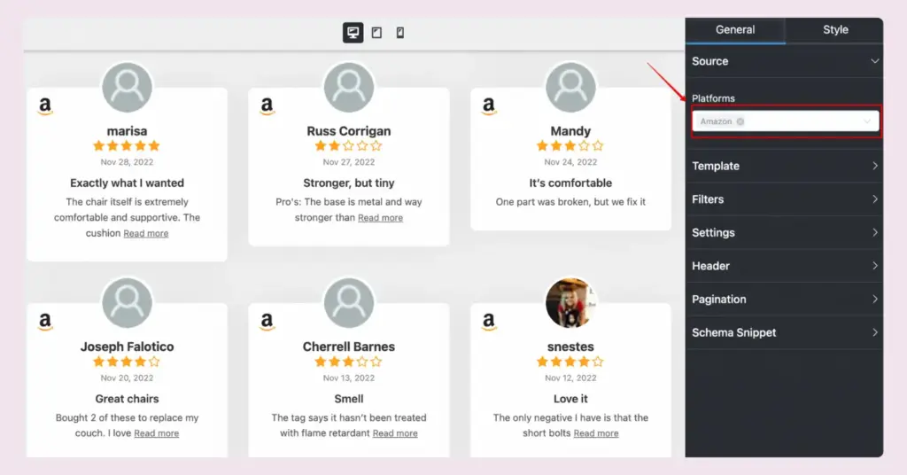 Select Amazon from the Platforms section to add your reviews with WP Social Ninja