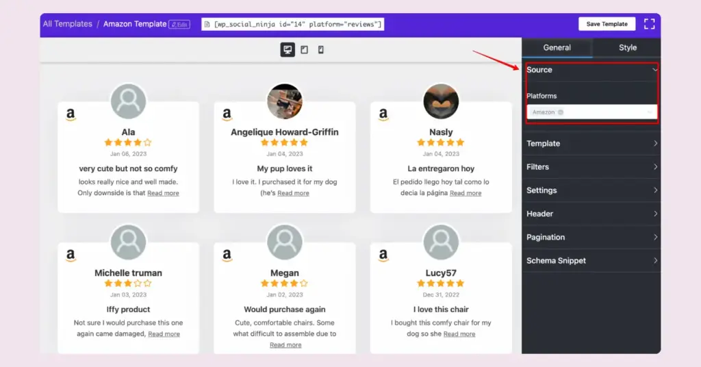 Select Amazon from the Platforms in the Source section to fetch your reviews with WP Social Ninja