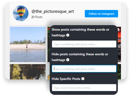 Instagram feed caption or hashtag filtering