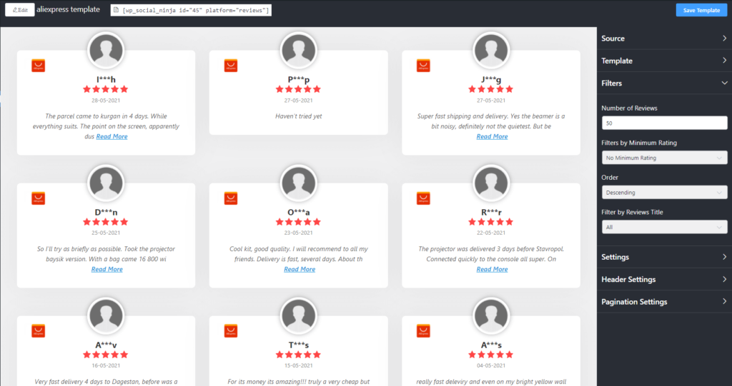 AliExpress reviews settings panel