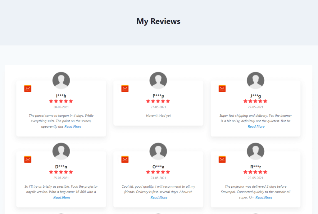 AliExpress reviews displaying on website
