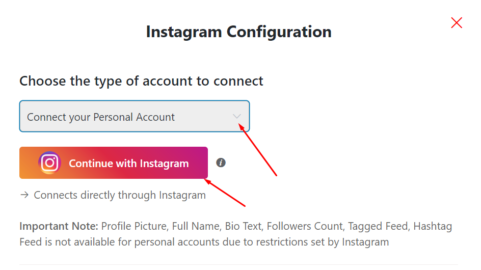 Instagram configuration connect personal account