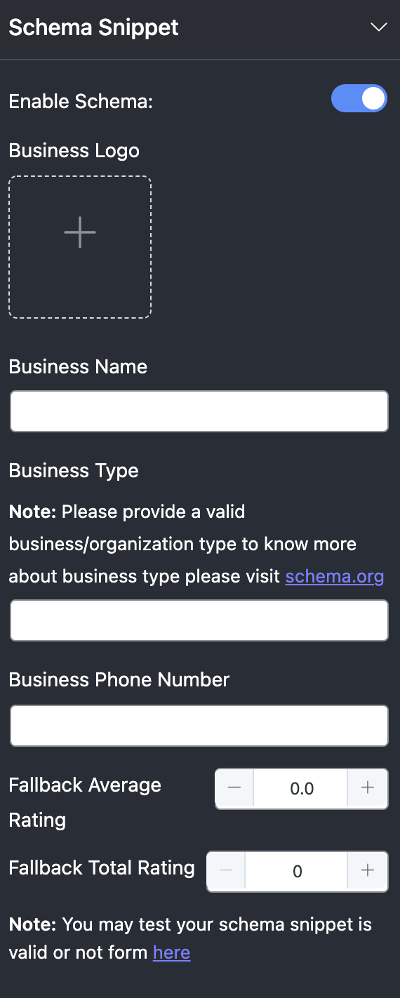 Schema Snippet Settings