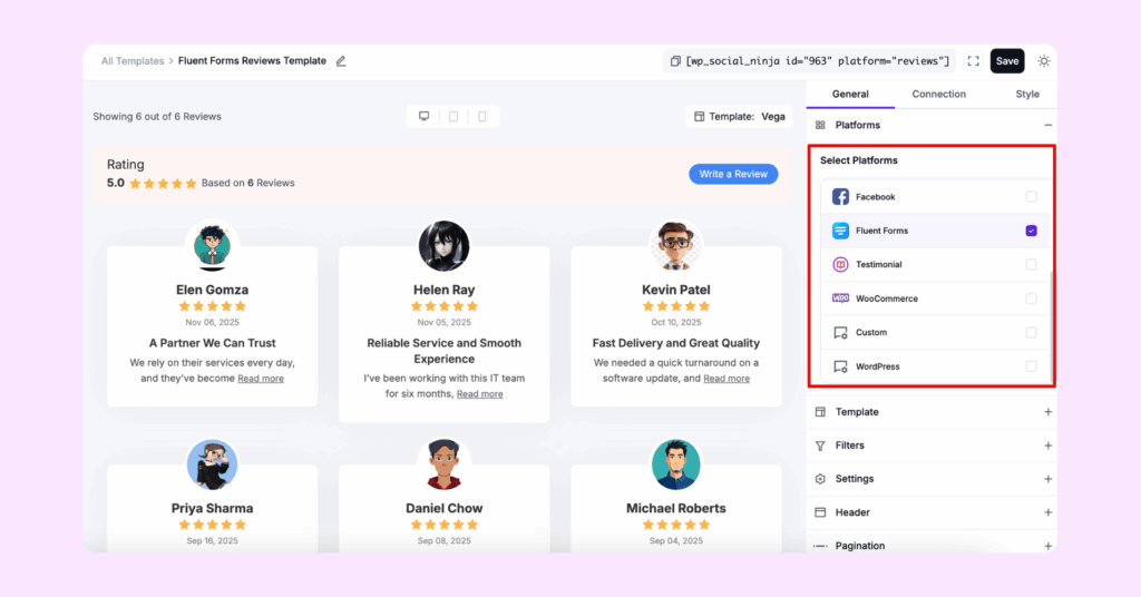 choose custom reviews source from settings panel