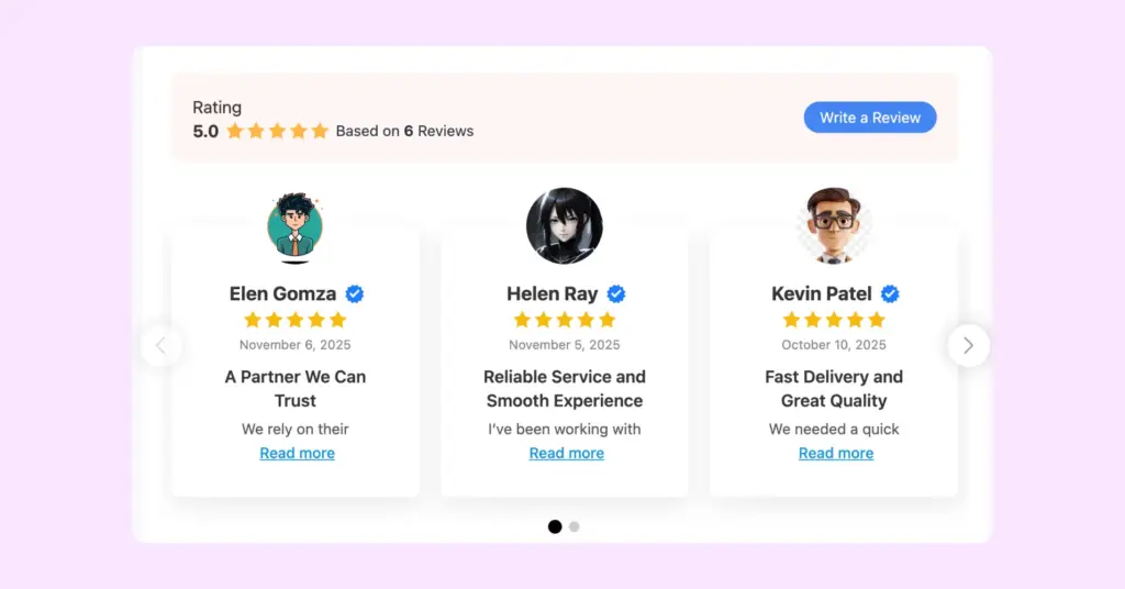 custom reviews preview on website