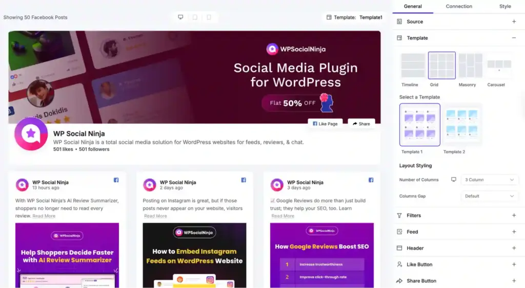 Social feed templates and layouts offered by wp social ninja