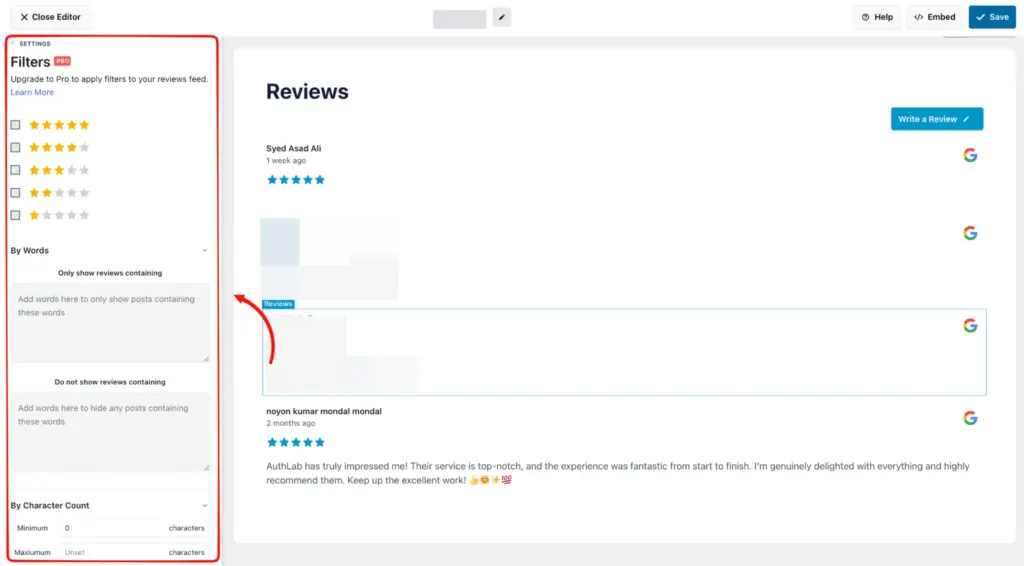 Basic filtering offered by smash balloon reviews feed pro