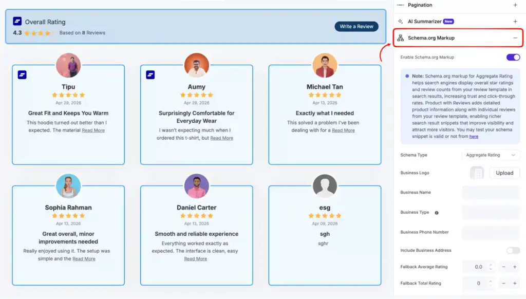 Schema markup offered by wp social ninja for business reviews