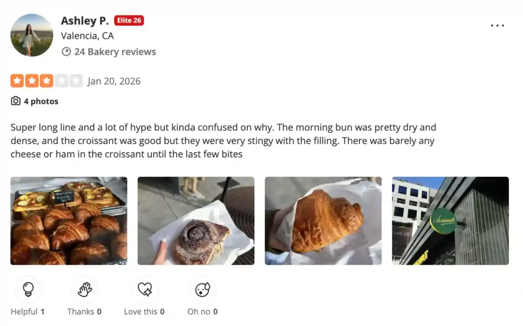 Example of a customer providing a negative review for a restaurant on Yelp