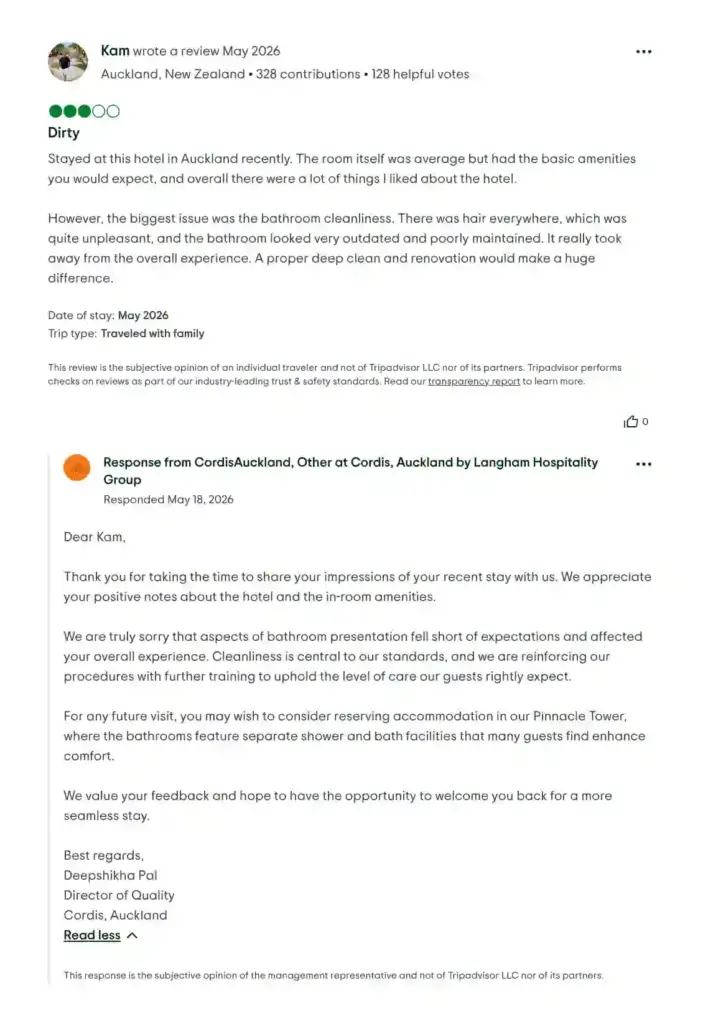 Example of a hotel's quality director handling a negative review from a guest very professionally