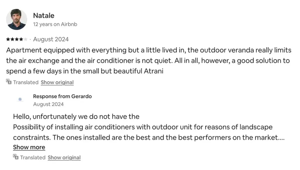 Example of an Airbnb host acknowledging his limitations that caused the guest discomfort