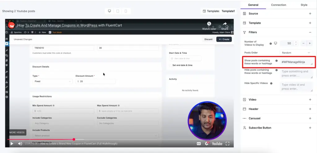 add YouTube hashtag feed with wp social ninja