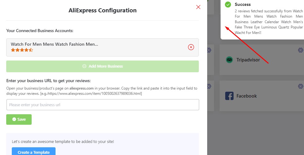 Ali express configuration success message