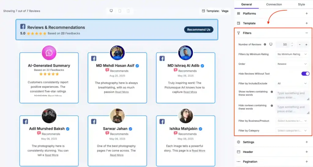 WP Social Ninja review plugin dashboard showing advanced review filters, rating conditions, and moderation controls