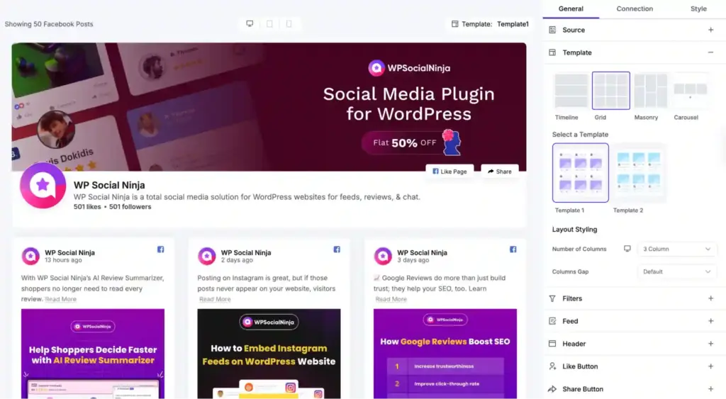 WP Social Ninja social feed templates including grid, masonry, timeline, and carousel layouts for website display