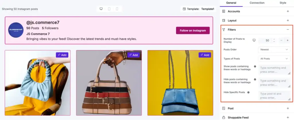 WP Social Ninja social feed plugin filter settings with post limit, sorting, and keyword-based content control
