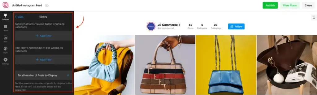 Elfsight social feed widget filter settings with options to include or exclude posts using keywords and hashtags