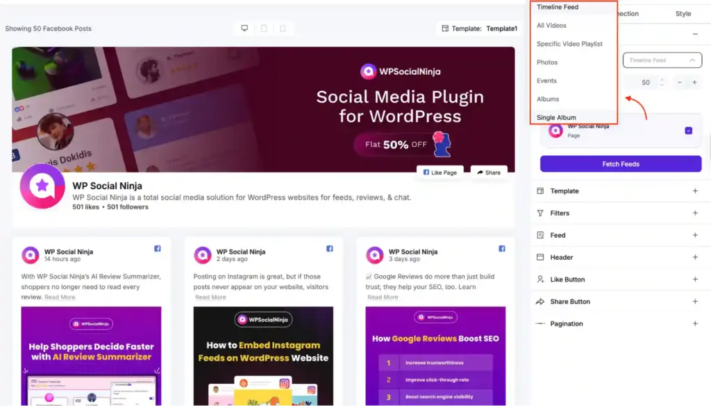 WP Social Ninja feed settings showing content selection for videos, photos, albums, and other feed types