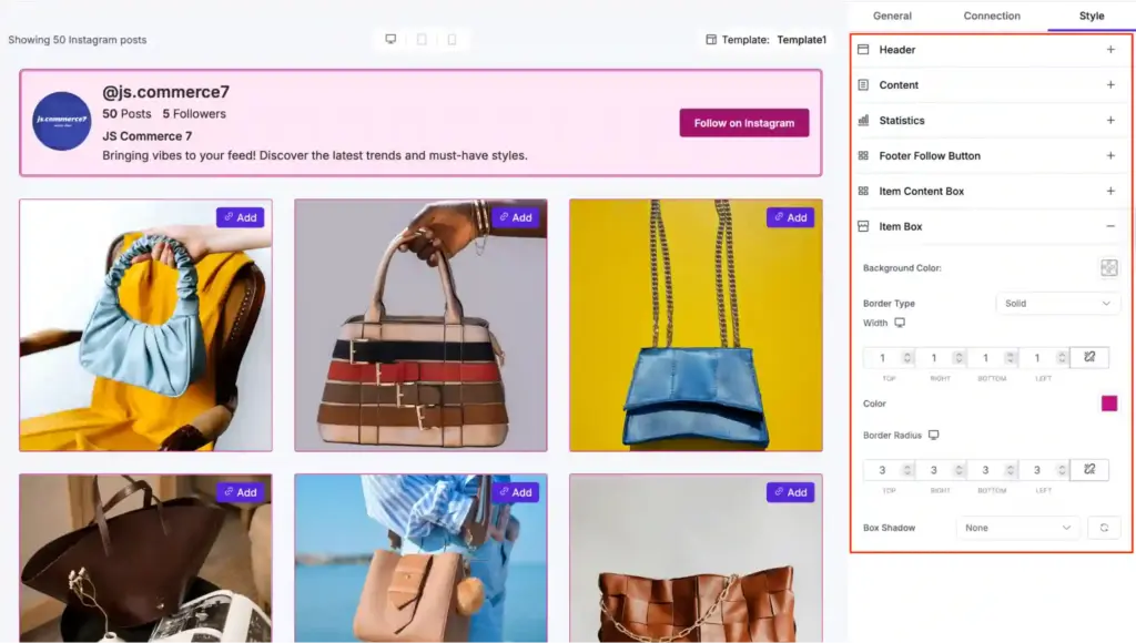 WP Social Ninja social feed plugin style settings with customization for layout, header, and content design