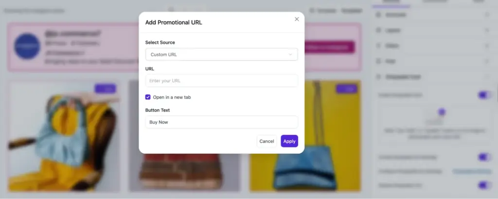 WP Social Ninja shoppable feed feature allowing custom product links and call to action buttons on feed posts