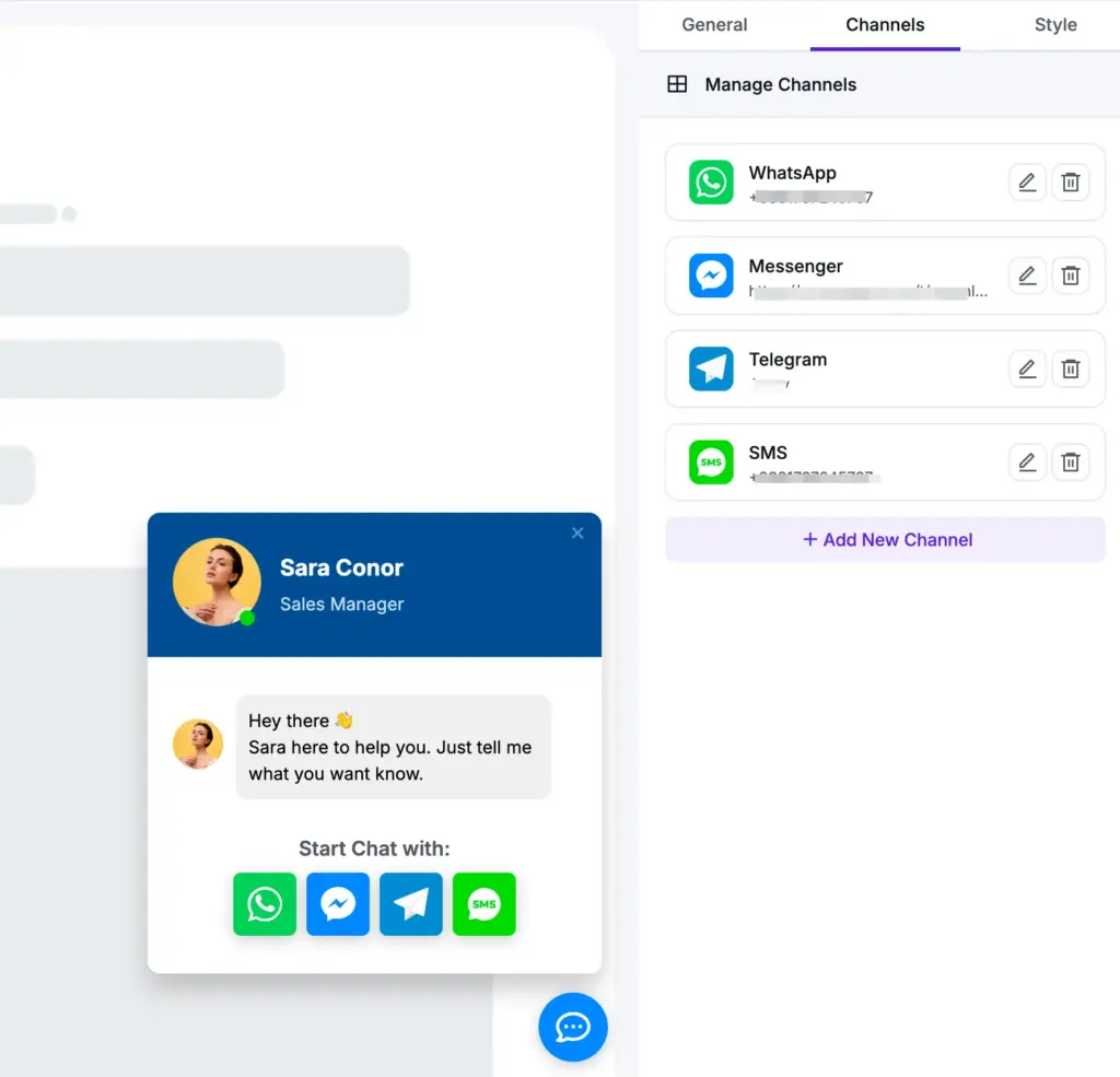 WP Social Ninja multichannel chat widget with WhatsApp, Messenger, Telegram, and SMS integration as an Elfsight alternative