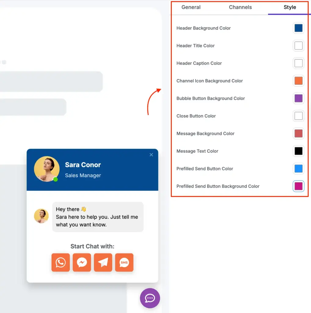 WP Social Ninja chat widget styling options with color customization for messages, buttons, and interface