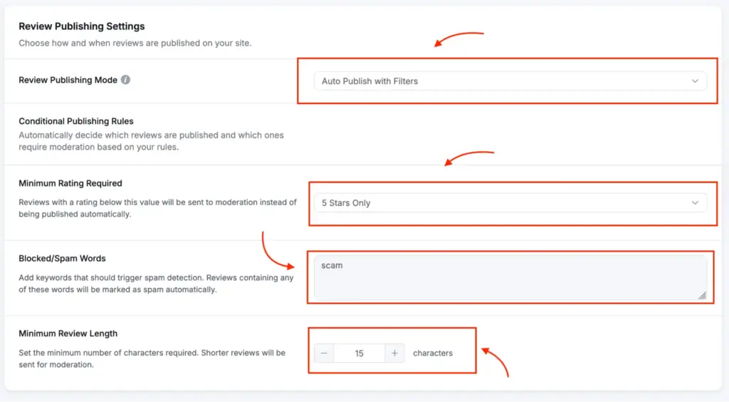 WP Social Ninja review plugin settings with auto publishing, minimum rating rules, spam filters, and moderation options