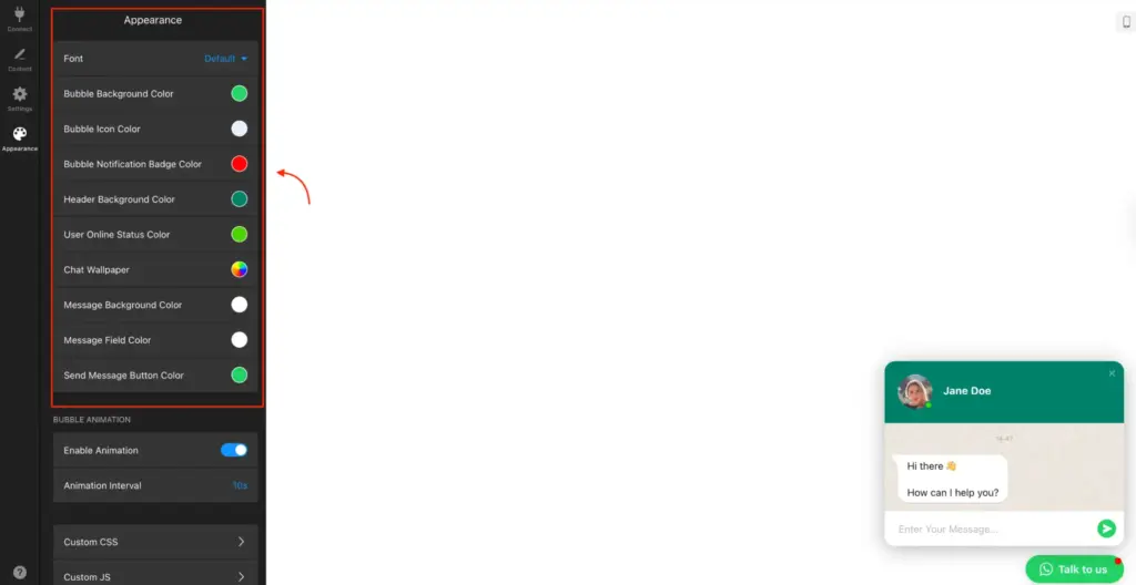 Elfsight chat widget appearance settings showing color controls, notification badge, and message styling