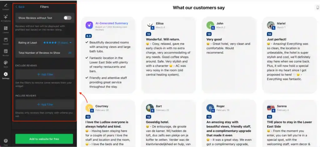 Elfsight review widget filter settings panel showing rating-based rules and review display conditions