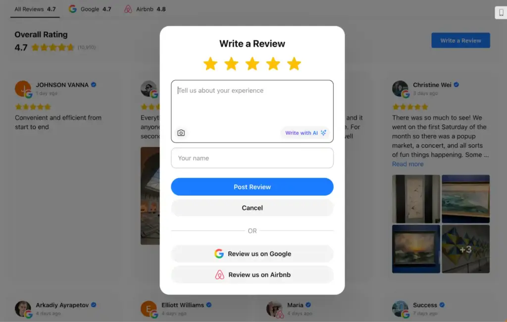 Elfsight review widget showing a custom review form with rating, text input, and options to submit reviews from multiple platforms