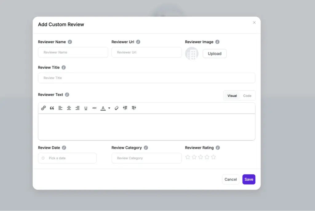 WP Social Ninja custom review form with detailed fields for collecting user feedback as an Elfsight alternative