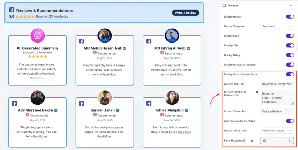 WP Social Ninja review header displaying overall rating, feedback count, and write a review button in a review plugin for WordPress