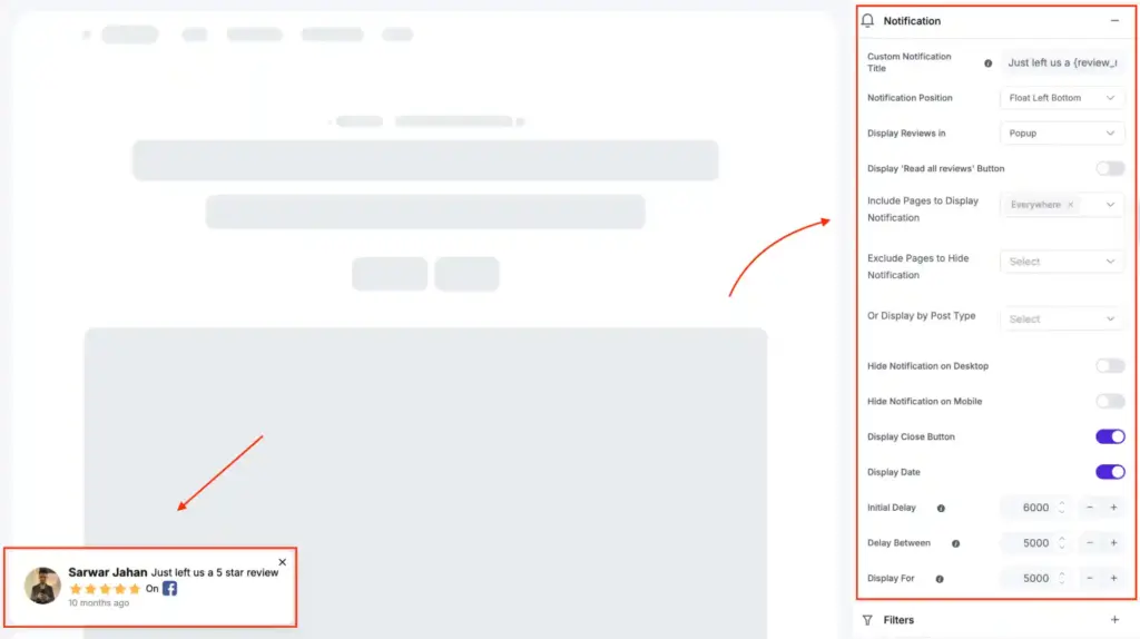 WP Social Ninja review notification popup showing recent customer feedback as social proof on a website