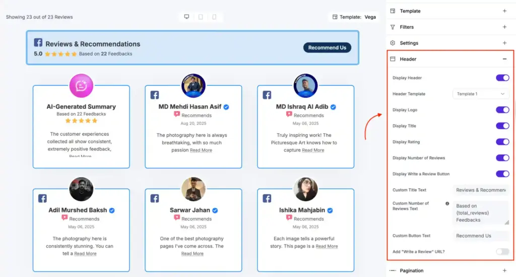 WP Social Ninja review plugin header customization with controls for title, rating display, and call to action button