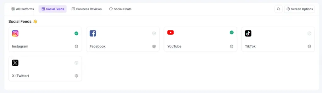 WP Social Ninja social feed plugin dashboard showing multiple platform integrations and feed sources