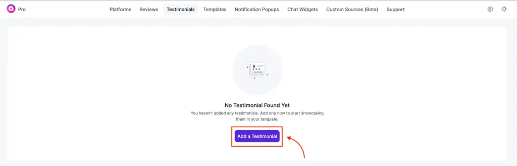 Add a Testimonial button in the WP Social Ninja dashboard