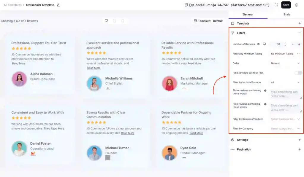 Filters for testimonial template customization in WP Social Ninja dashboard
