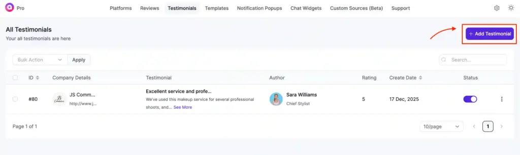 Add Testimonial button on the WP Social Ninja All Testimonials page for adding a new testimonial